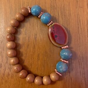 Handcrafted wood and ceramic Beaded Bracelet w/ rose gold accents